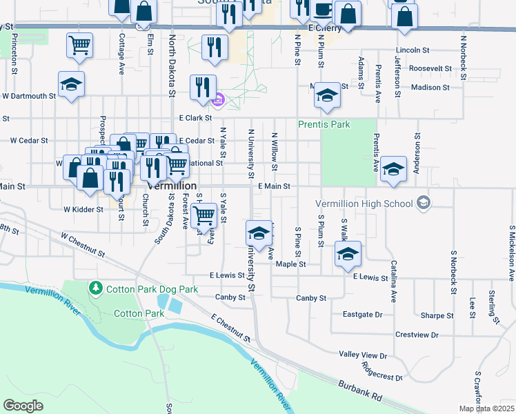 map of restaurants, bars, coffee shops, grocery stores, and more near 24 South University Street in Vermillion