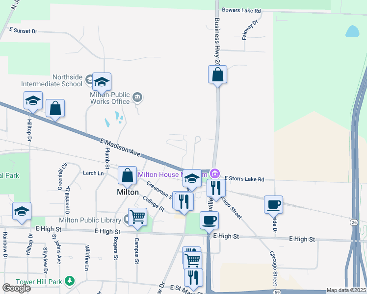 map of restaurants, bars, coffee shops, grocery stores, and more near 602 East Madison Avenue in Milton