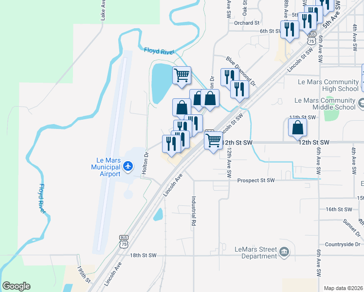 map of restaurants, bars, coffee shops, grocery stores, and more near 1211 Silent Prairie Road in Le Mars