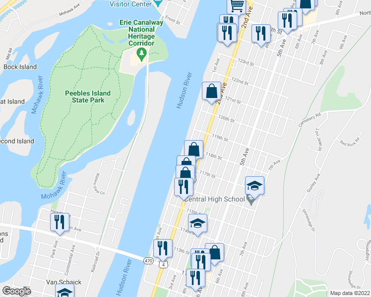 map of restaurants, bars, coffee shops, grocery stores, and more near 661 1st Avenue in Troy