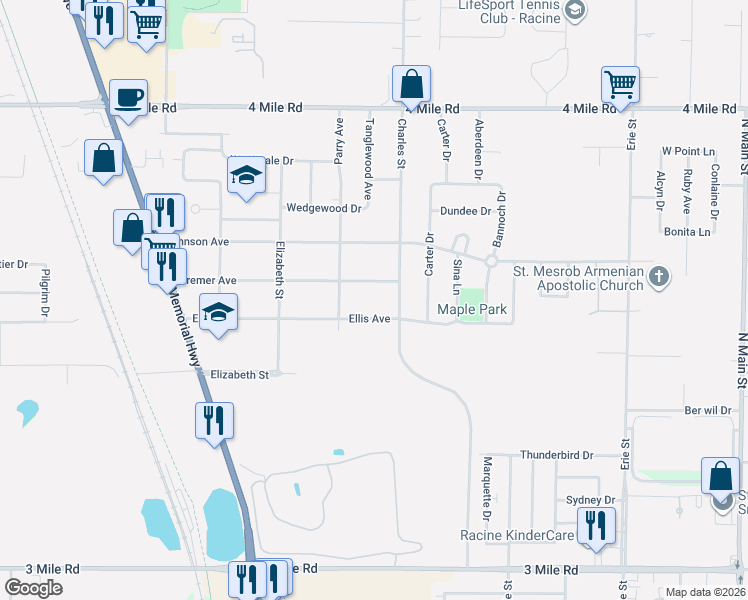 map of restaurants, bars, coffee shops, grocery stores, and more near 1427 Kremer Avenue in Racine