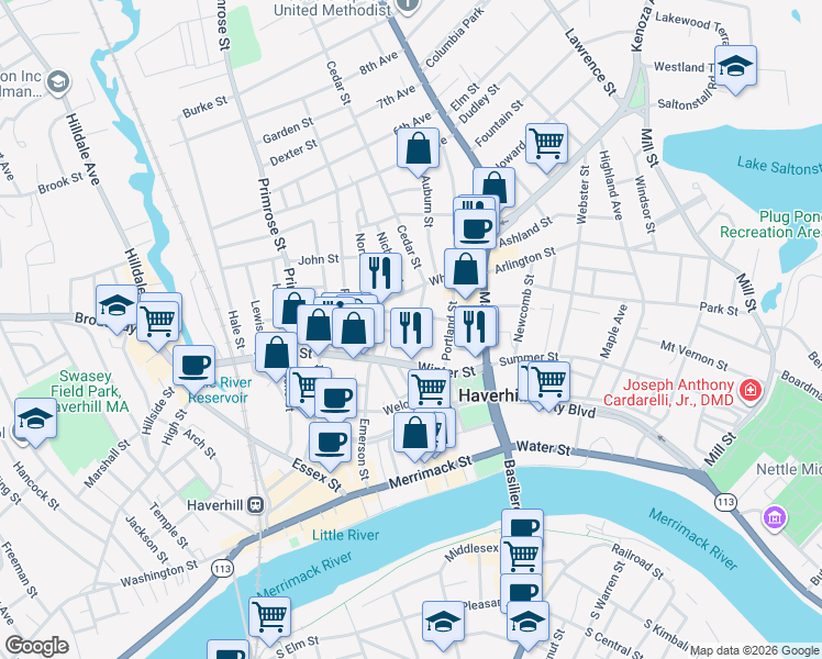 map of restaurants, bars, coffee shops, grocery stores, and more near 3 Dustin Street in Haverhill