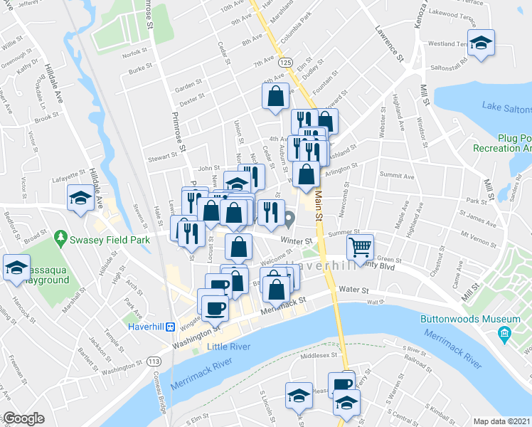 map of restaurants, bars, coffee shops, grocery stores, and more near 3 Dustin Street in Haverhill