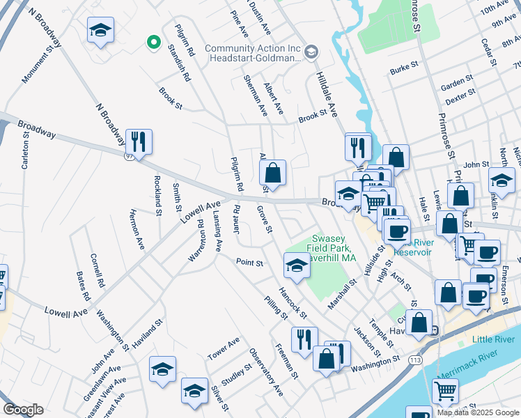 map of restaurants, bars, coffee shops, grocery stores, and more near 183 Grove Street in Haverhill