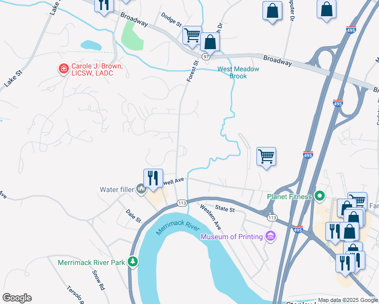 map of restaurants, bars, coffee shops, grocery stores, and more near 13 Briarwood Road in Haverhill