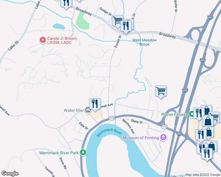 map of restaurants, bars, coffee shops, grocery stores, and more near 13 Briarwood Road in Haverhill