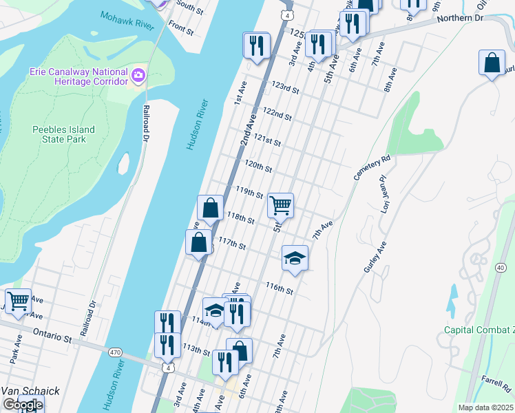 map of restaurants, bars, coffee shops, grocery stores, and more near 678 3rd Avenue in Troy