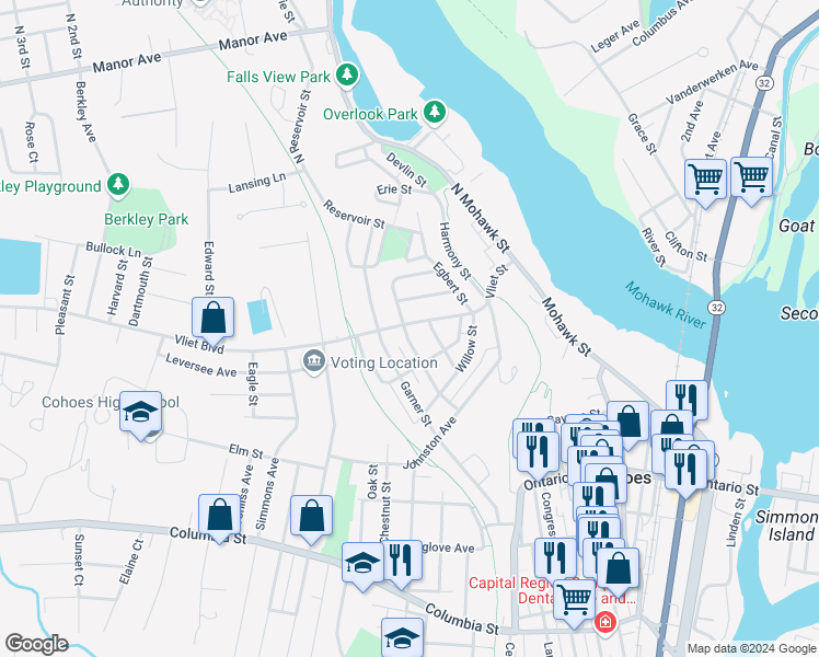 map of restaurants, bars, coffee shops, grocery stores, and more near 60 Vliet Street in Cohoes