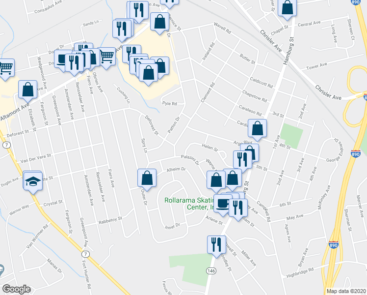 map of restaurants, bars, coffee shops, grocery stores, and more near 1064 Helen Street in Schenectady