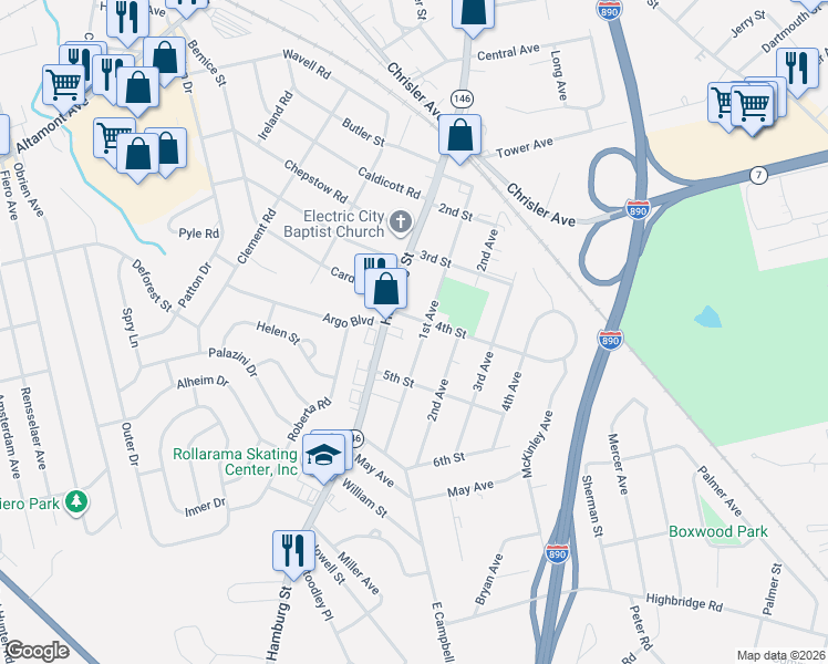 map of restaurants, bars, coffee shops, grocery stores, and more near 2510 1st Avenue in Schenectady