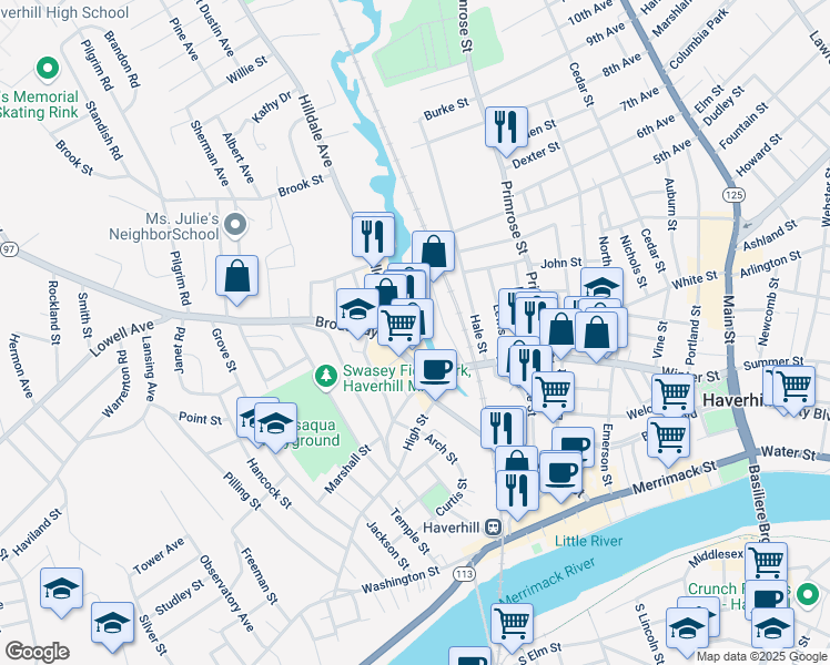 map of restaurants, bars, coffee shops, grocery stores, and more near 1 Granville Court in Haverhill