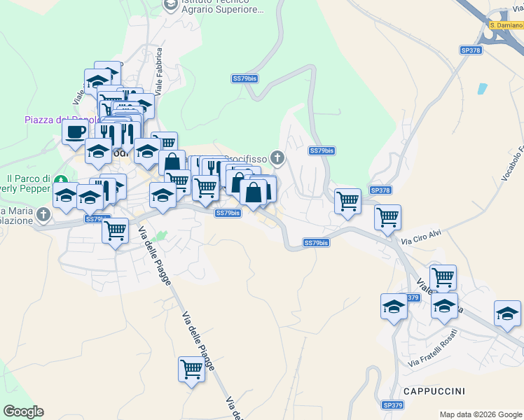 map of restaurants, bars, coffee shops, grocery stores, and more near 47 Via Angelo Cortesi in Todi