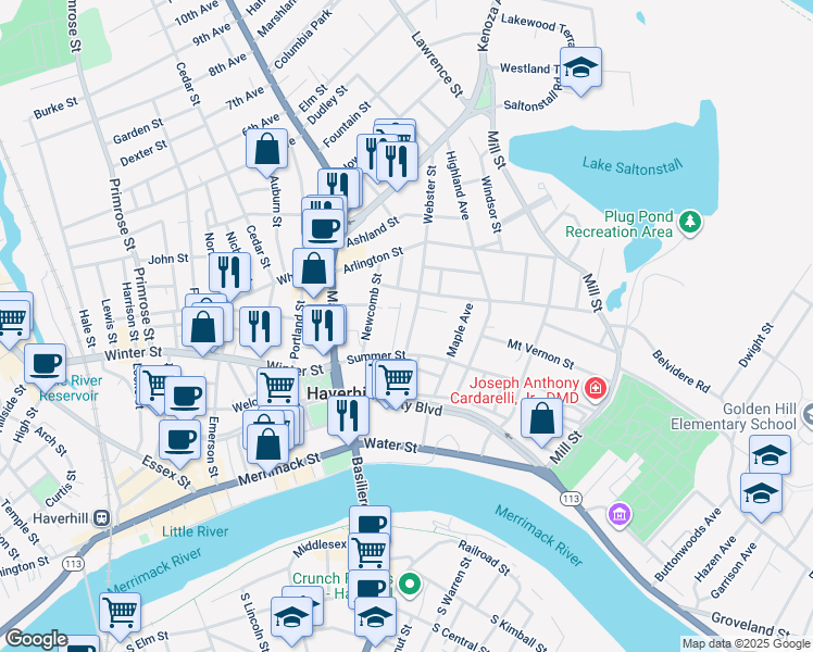 map of restaurants, bars, coffee shops, grocery stores, and more near 18 Webster Street in Haverhill