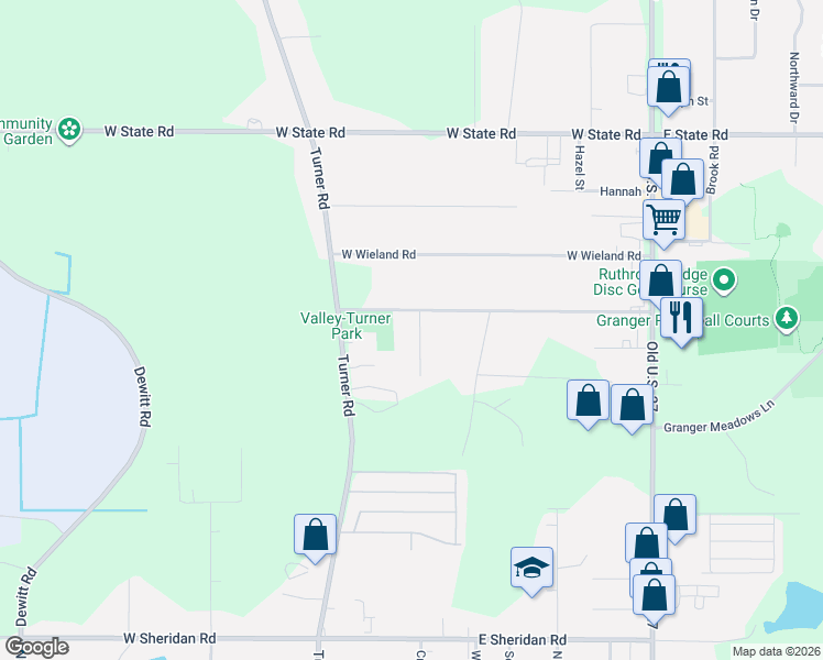 map of restaurants, bars, coffee shops, grocery stores, and more near 16400 Griswold Street in Lansing