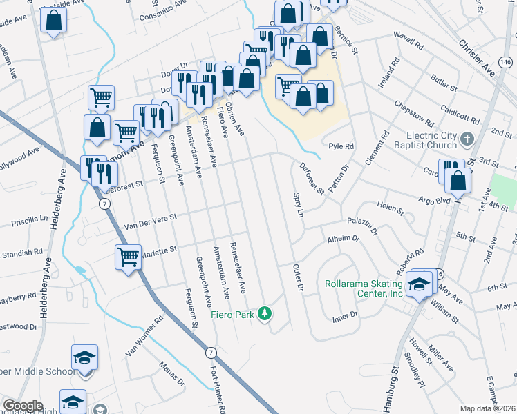 map of restaurants, bars, coffee shops, grocery stores, and more near 951 Obrien Avenue in Schenectady