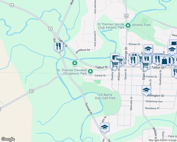 map of restaurants, bars, coffee shops, grocery stores, and more near 62 Talbot Street in St. Thomas
