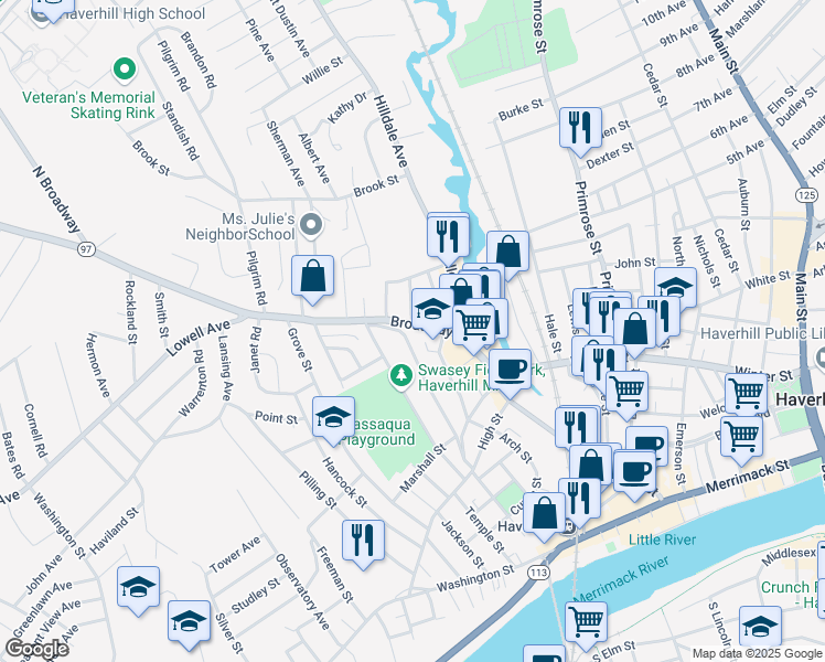 map of restaurants, bars, coffee shops, grocery stores, and more near 36 Broadway in Haverhill
