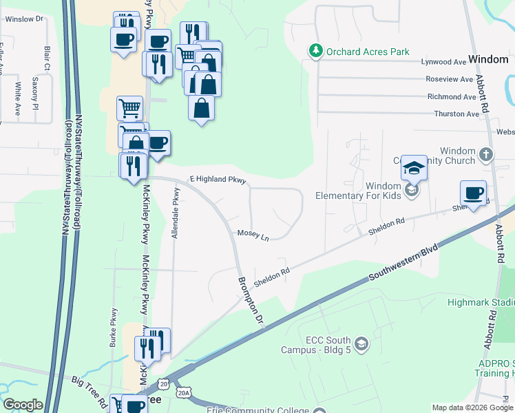 map of restaurants, bars, coffee shops, grocery stores, and more near 3878 Jody Court in Blasdell
