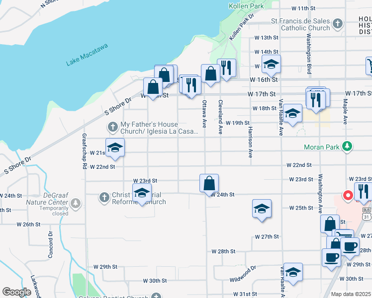 map of restaurants, bars, coffee shops, grocery stores, and more near 465 West 21st Street in Holland
