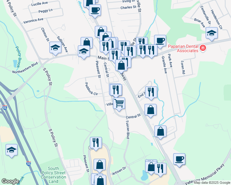 map of restaurants, bars, coffee shops, grocery stores, and more near 65 Central Street in Salem