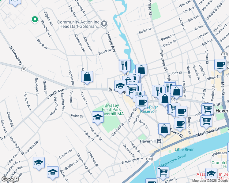 map of restaurants, bars, coffee shops, grocery stores, and more near 36 Broadway in Haverhill