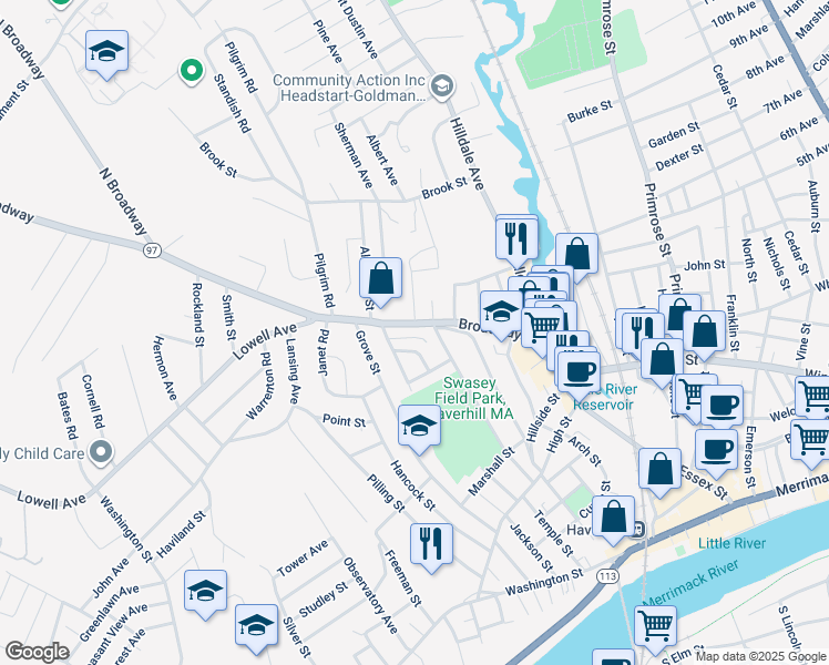 map of restaurants, bars, coffee shops, grocery stores, and more near 76 Broadway in Haverhill
