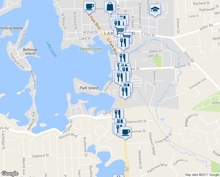 map of restaurants, bars, coffee shops, grocery stores, and more near 41 Park Court in Orion charter Township