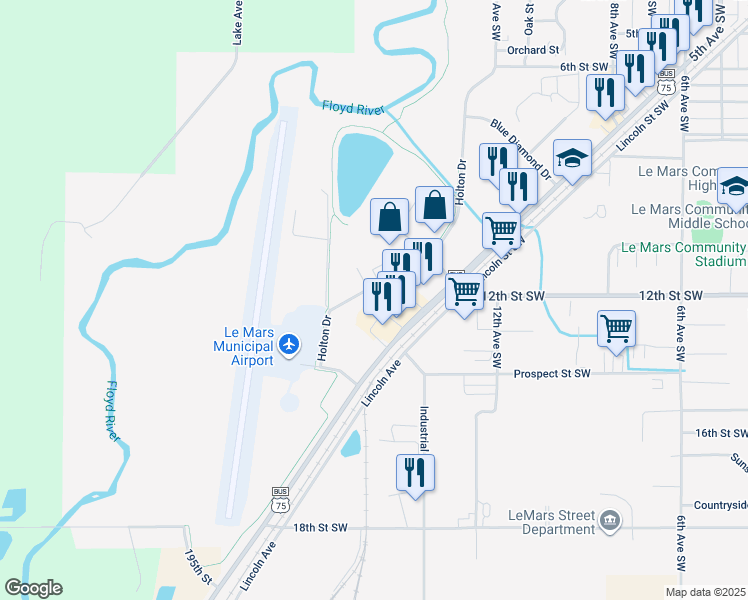 map of restaurants, bars, coffee shops, grocery stores, and more near 1285 Sleepy Eye Drive in Le Mars