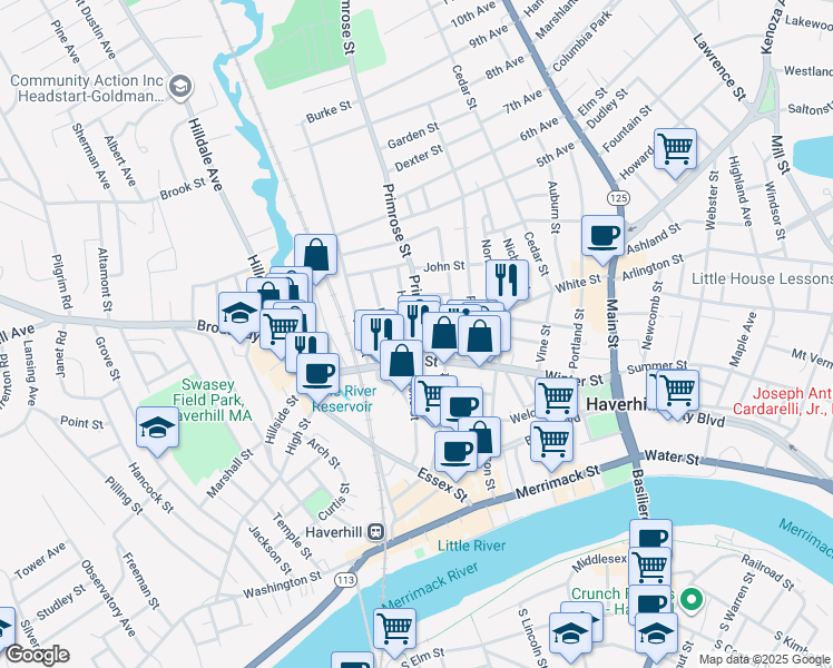 map of restaurants, bars, coffee shops, grocery stores, and more near 32 Primrose Street in Haverhill