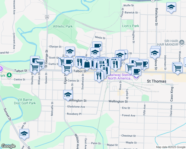 map of restaurants, bars, coffee shops, grocery stores, and more near 498 Talbot Street in St. Thomas