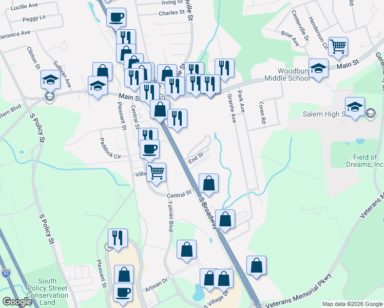 map of restaurants, bars, coffee shops, grocery stores, and more near 79 Brookwood Drive in Salem