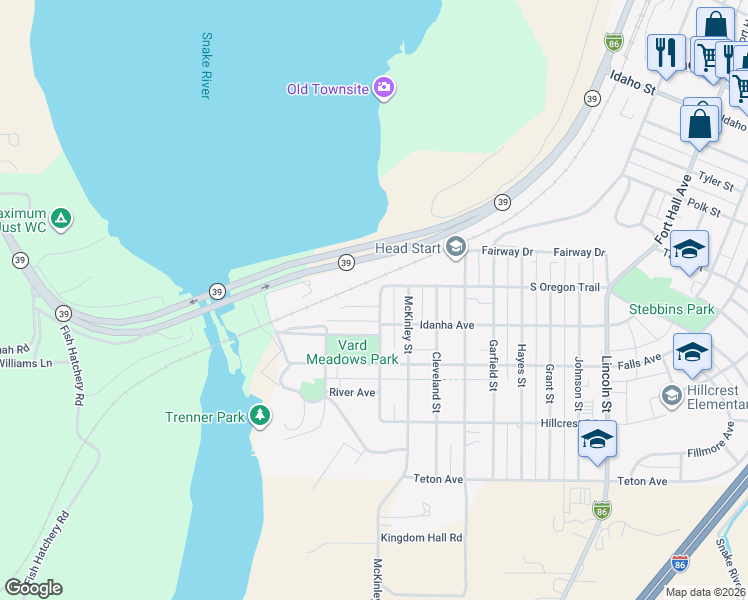 map of restaurants, bars, coffee shops, grocery stores, and more near 250 South Oregon Trail in American Falls