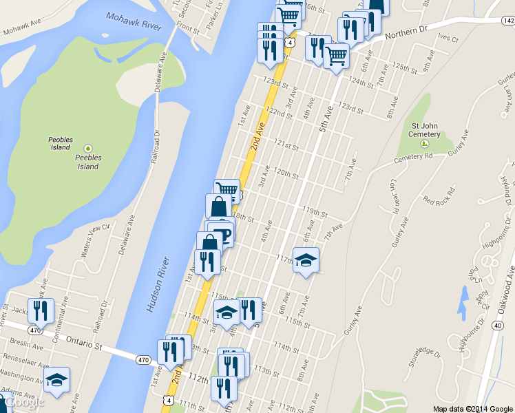 map of restaurants, bars, coffee shops, grocery stores, and more near 678 3rd Avenue in Troy