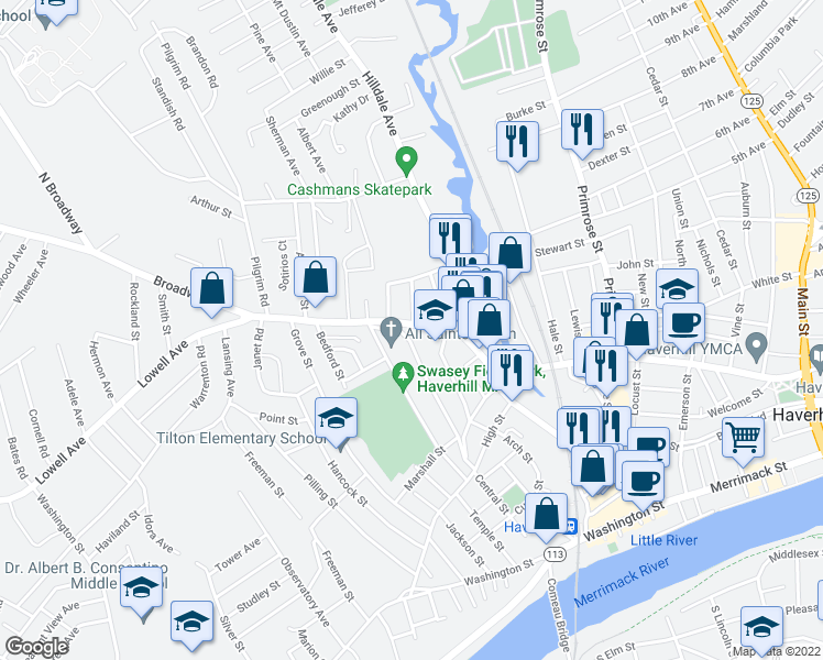 map of restaurants, bars, coffee shops, grocery stores, and more near 36 Broadway in Haverhill