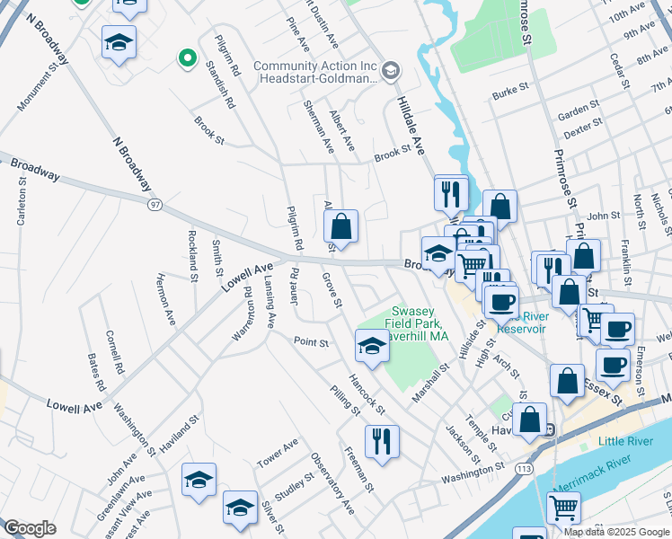 map of restaurants, bars, coffee shops, grocery stores, and more near 183 Grove Street in Haverhill