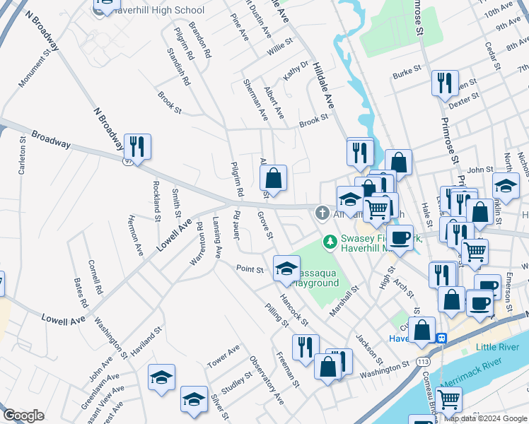 map of restaurants, bars, coffee shops, grocery stores, and more near 183 Grove Street in Haverhill