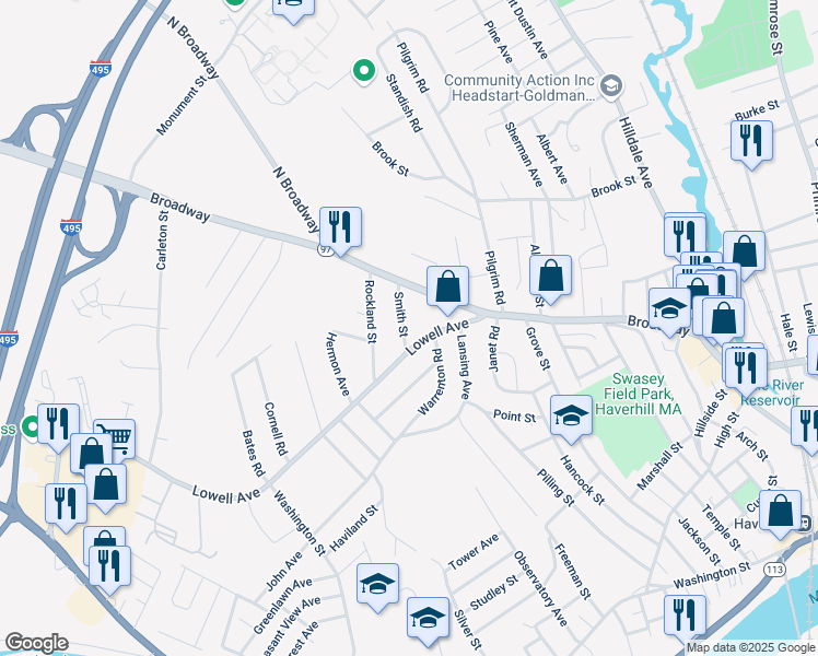 map of restaurants, bars, coffee shops, grocery stores, and more near 31 Lowell Avenue in Haverhill