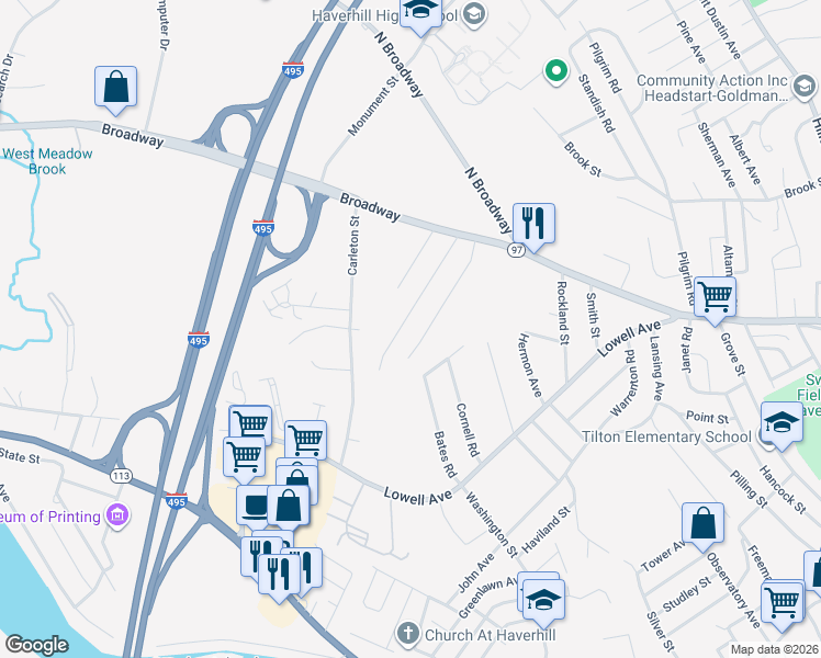 map of restaurants, bars, coffee shops, grocery stores, and more near 73 Wheeler Avenue in Haverhill