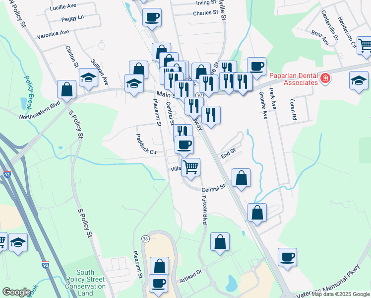 map of restaurants, bars, coffee shops, grocery stores, and more near 65 Central Street in Salem