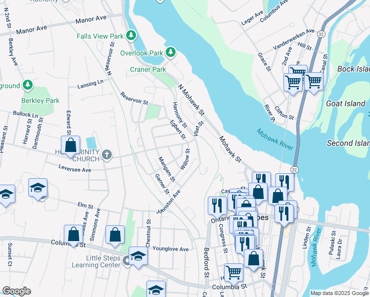 map of restaurants, bars, coffee shops, grocery stores, and more near 12 Willow Street in Cohoes