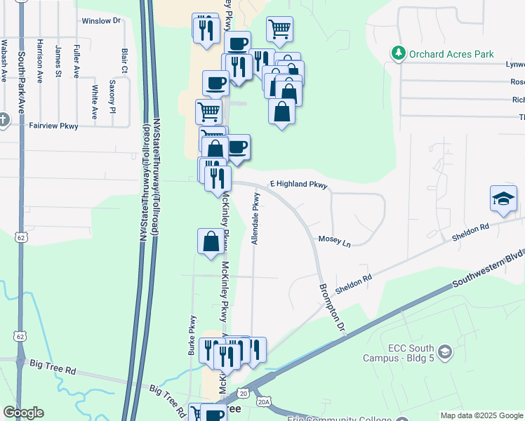 map of restaurants, bars, coffee shops, grocery stores, and more near 4607 Brompton Drive in Blasdell