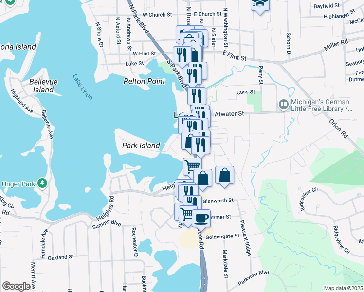 map of restaurants, bars, coffee shops, grocery stores, and more near 41 Park Court in Orion charter Township