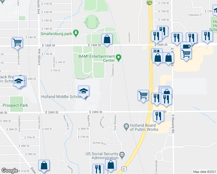 map of restaurants, bars, coffee shops, grocery stores, and more near 507 Century Lane in Holland