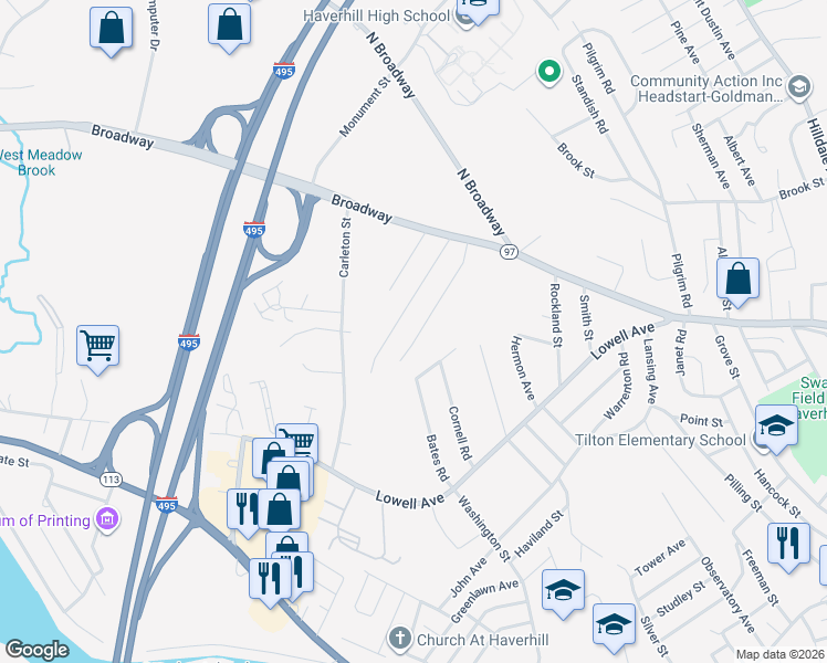 map of restaurants, bars, coffee shops, grocery stores, and more near 73 Wheeler Avenue in Haverhill