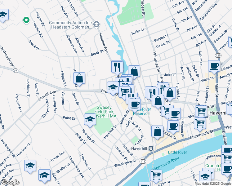 map of restaurants, bars, coffee shops, grocery stores, and more near 4 Broadway in Haverhill