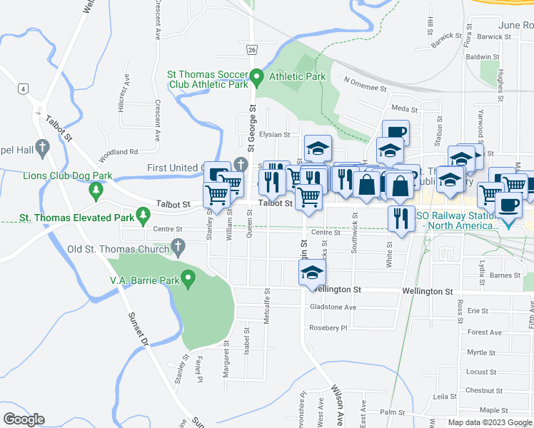 map of restaurants, bars, coffee shops, grocery stores, and more near 2 Metcalfe Street in Saint Thomas