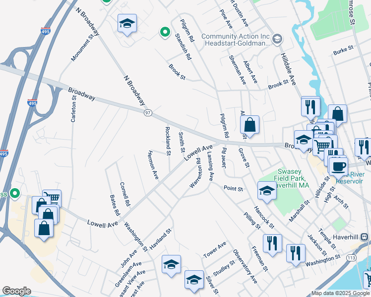 map of restaurants, bars, coffee shops, grocery stores, and more near 31 Lowell Avenue in Haverhill