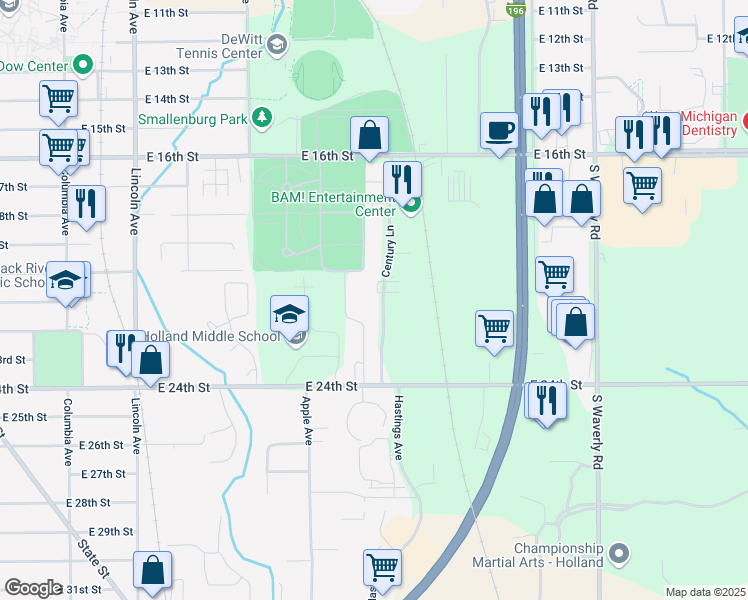 map of restaurants, bars, coffee shops, grocery stores, and more near 507 Century Lane in Holland