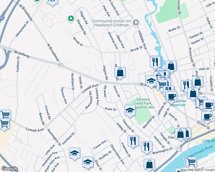 map of restaurants, bars, coffee shops, grocery stores, and more near 130 Broadway in Haverhill