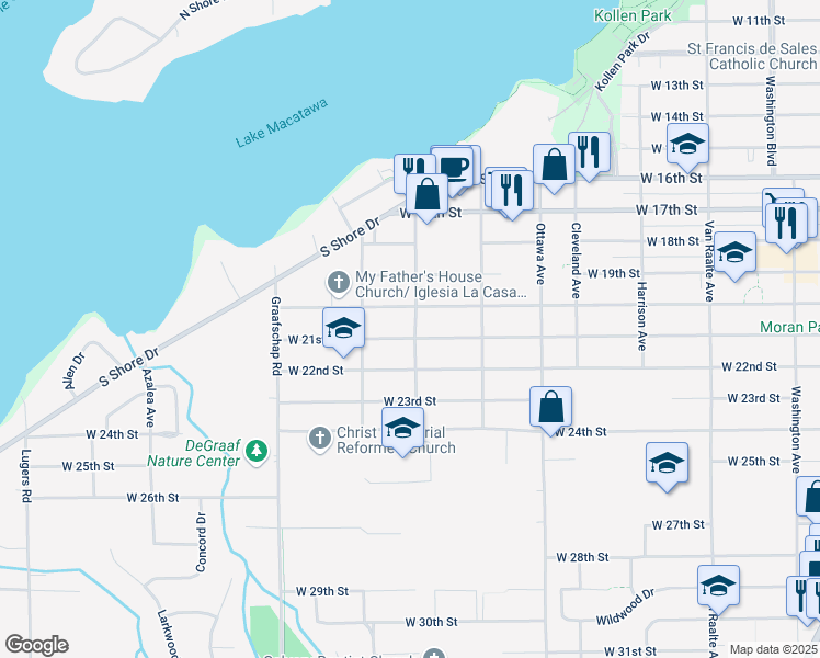 map of restaurants, bars, coffee shops, grocery stores, and more near 533 West 21st Street in Holland